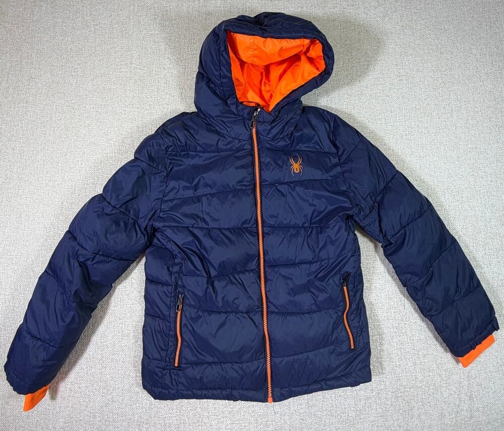 Spyder Kids 10/12 Blue Orange Puffer Zip Front Long Sleeve Jacket Coat Winter